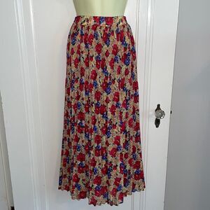 Vtg Sag Harbor blue, yellow,‎ red & tan floral polyester midi skirt